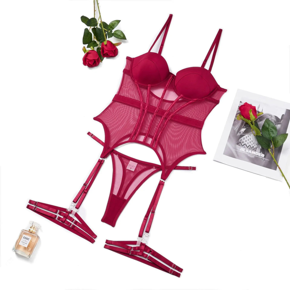MUZISKAT Mesh Lingerie Luxury Brand Bodysuit Backless Tops for Women 3 Piece Lingerie Set with Garter Sexydresses for Women
