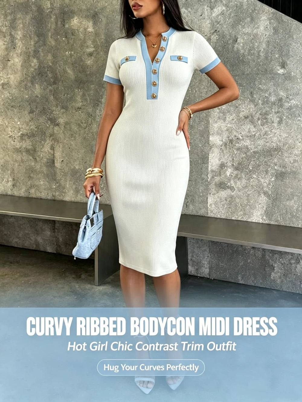 Women Elegant Color Block Knit Midi Dress V Neck Button Bodycon Pencil Dress Casual Office Slim Short Sleeve Party Dresses