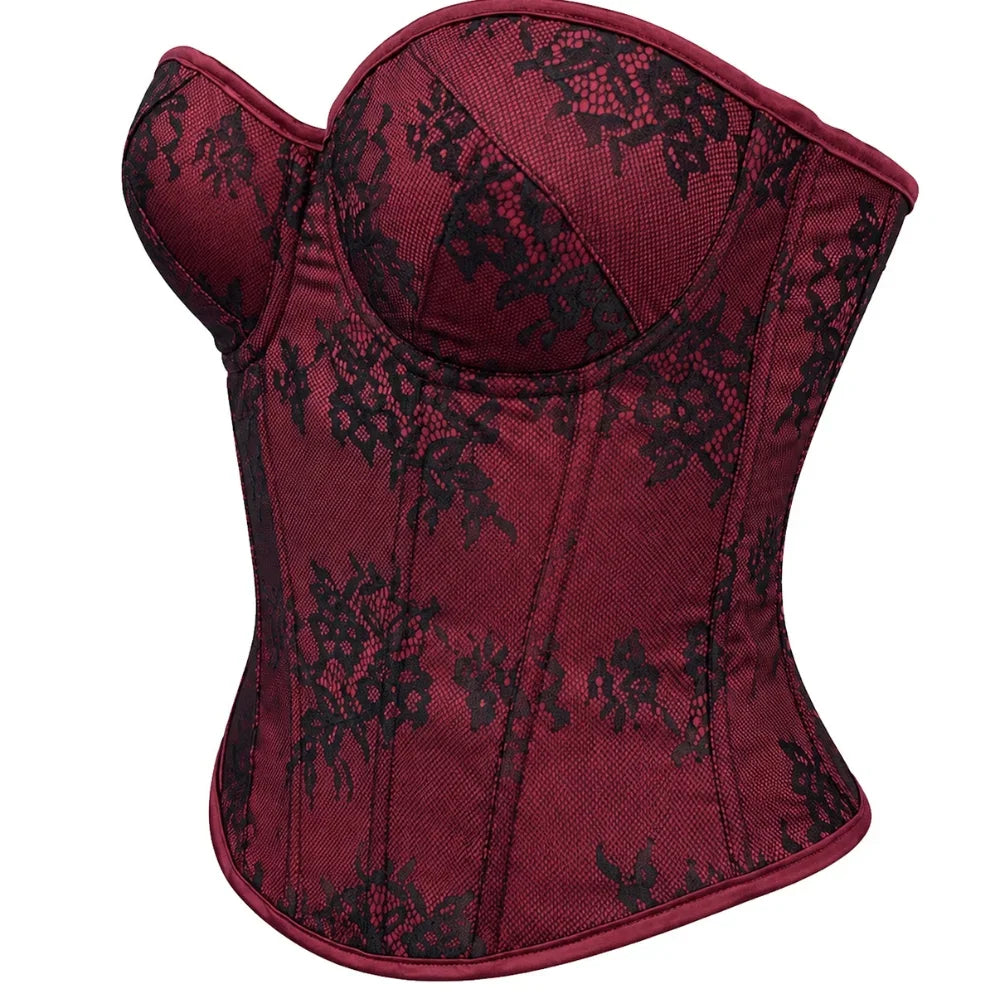 Women's Lace Corset Top Strapless Burgundy Black Molded Cup Back Lace-Up Waist Cincher Push-Up Bustier