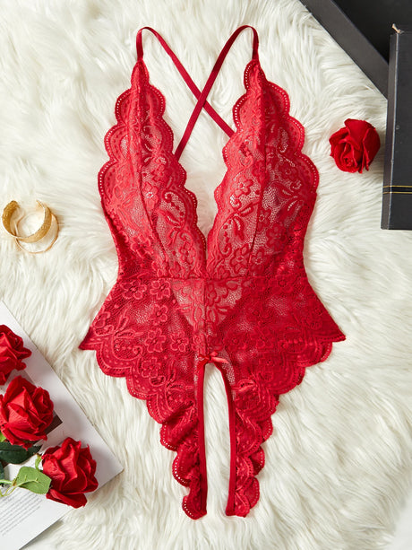 Sexy Crotchless Red Lingerie Women Lace Hollow Bodysuit Erotic Pajamas Teddy Babydoll Dress Deep V Open Bra Porn Underwear Sets