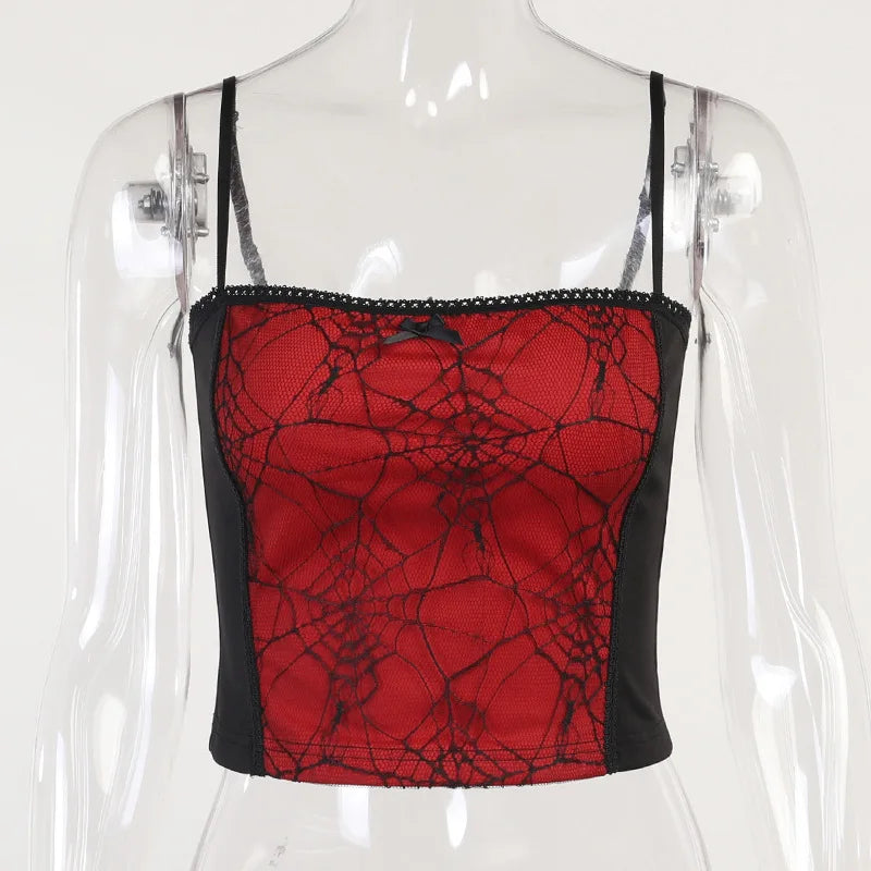 Combhasaki Summer Women's Sexy Gothic Halloween Backless Camisole Spider Web Lace Edge Back Zipper Sleeveless Slim Fit Tops
