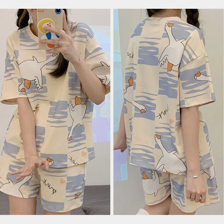 Women's Loose Fit Cartoon Bear Pajamas Set Summer Short Sleeve Gradient Casual Homewear Sleepwear