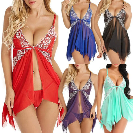 Lace Front Closure Sleepwear Women Sexy Lingerie Dress Porno Suit Babydoll Transparent Mesh Nightdress Erotic Clothing