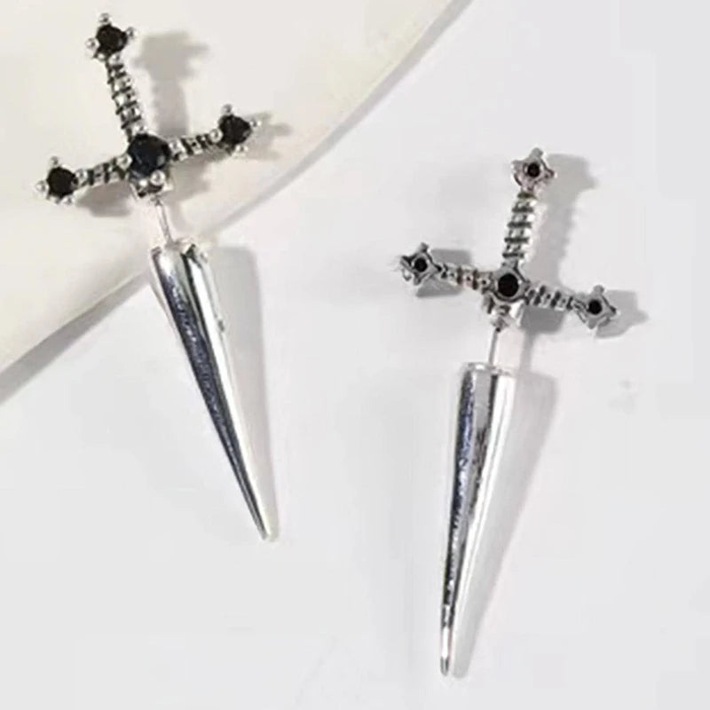 Hip Hop Cross Sword Stud Earrings For Women Classic Blask Crystal Stone Silver Ox Gold Black Color Personality Simple Jewelery