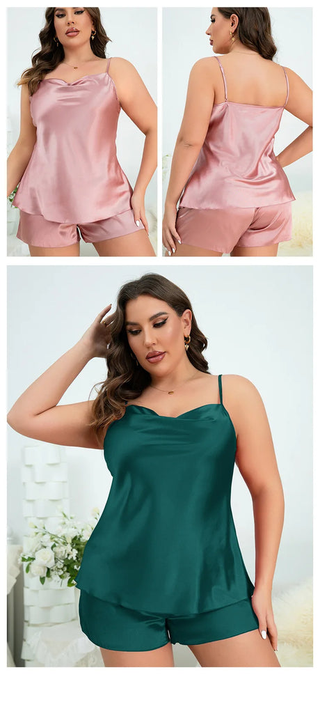 Lady Summer Chemise Pajamas Suit Night Outfit Big Size 4XL 5XL Sexy Women Satin Nightwear New Sleepwear Cami&shorts 2Pcs Pyjamas