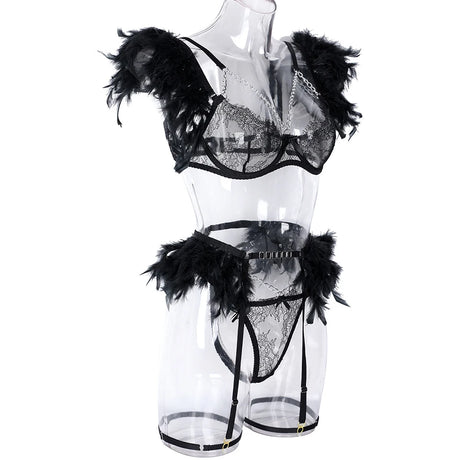 3-Piece Feather Decorated Lace Exotic Sets Women Sexy Patchwork Lingerie Set Chain Bra Panty Garter Underwear Kit For Female