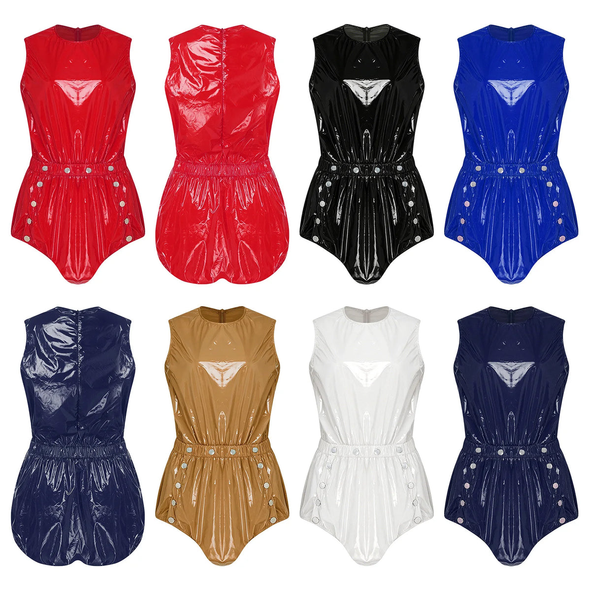 Women One Piece Adaptive Pajama Nightwear Shiny Metallic Sleeveless Buttoned Sleeveless Jumpsuit Waterproof Rompers Bodysuit