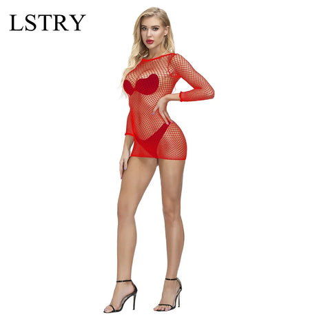 Sexy Fishnet Mesh Club Dress Summer Long Sleeve See Through Mini Dress Women Round Collar Ladies Dress Beach Plus Size Outfit
