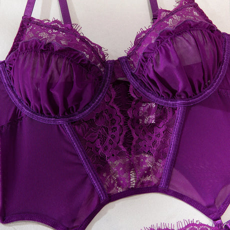 Sexy Purple Eyelash Lace Lingerie Set 3Pcs Mesh Transparent Fishbone Bustier Bra Panty with Stockings Sensual Underwear