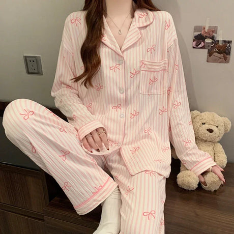 CHUANGERM New Sweet Girl Womens Students Casual Long‑Sleeved Wrinkled Cloth Pajamas Homewear Set For Spring And Fall