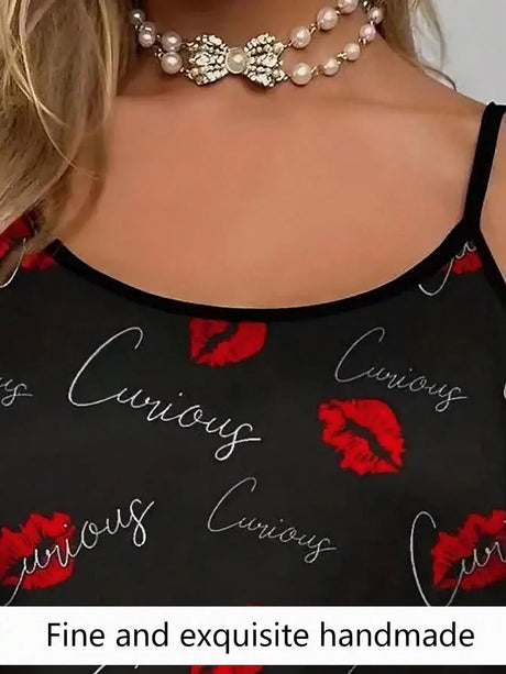 Women's 2 Pieces Set Pajamas Lettuce Frill Trim Camisole Shorts Sexy Lip Print Scoop Neck Cami Backless Top Ice Silk Comfortable