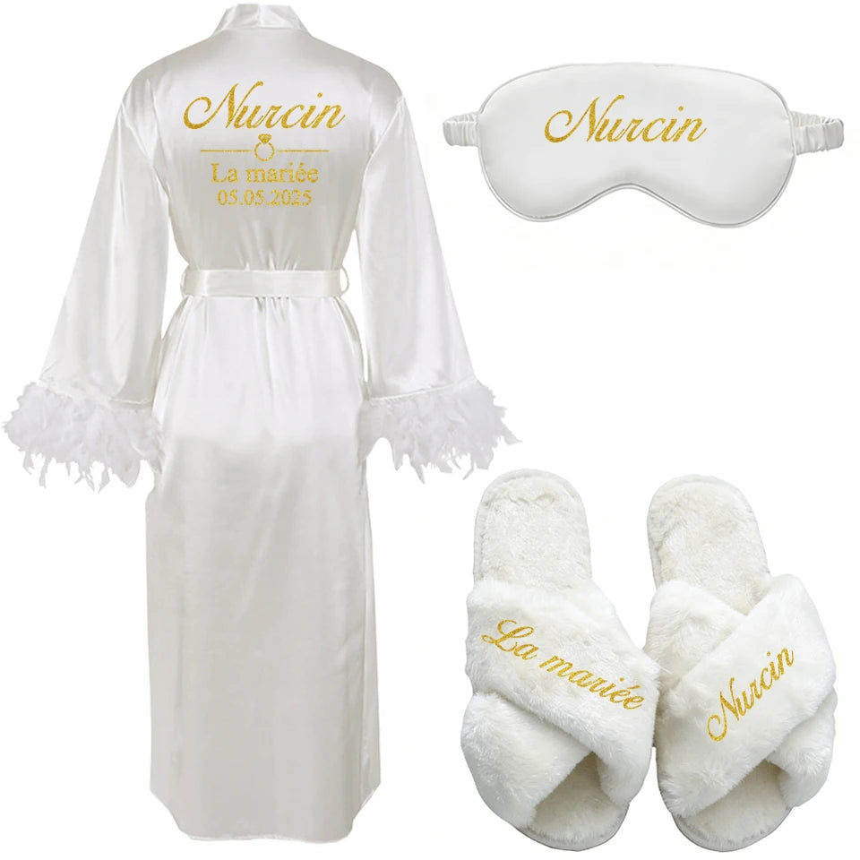 Customized Bathrobe for Women Personalized Name And Date Robe Add Any Text Gown for Bridal Party Feather Bride Robes