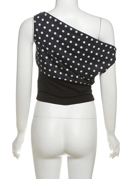 Weird Puss Polka Dots Print T-Shirts Women Summer Trend Skew Collar Off Shoulder Backless Street Fashion Trend Ruched Crop Tops