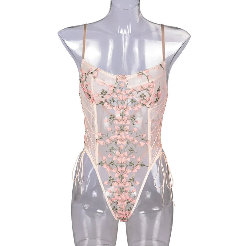 One-piece Backless Floral Embroidery Lace Bodysuit Women 13 Colors String Jumpsuit Lace Up Fancy Sexy Bodysuit Body Femme