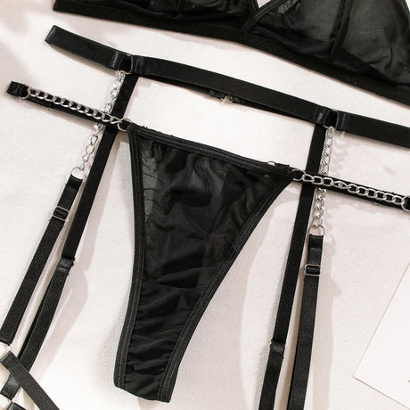 New Sexy Ultra-thin Mesh Bralette And Thongs See-through Metal Chain Decoration 4 Pcs Sexy Lingerie Set Female Underwear