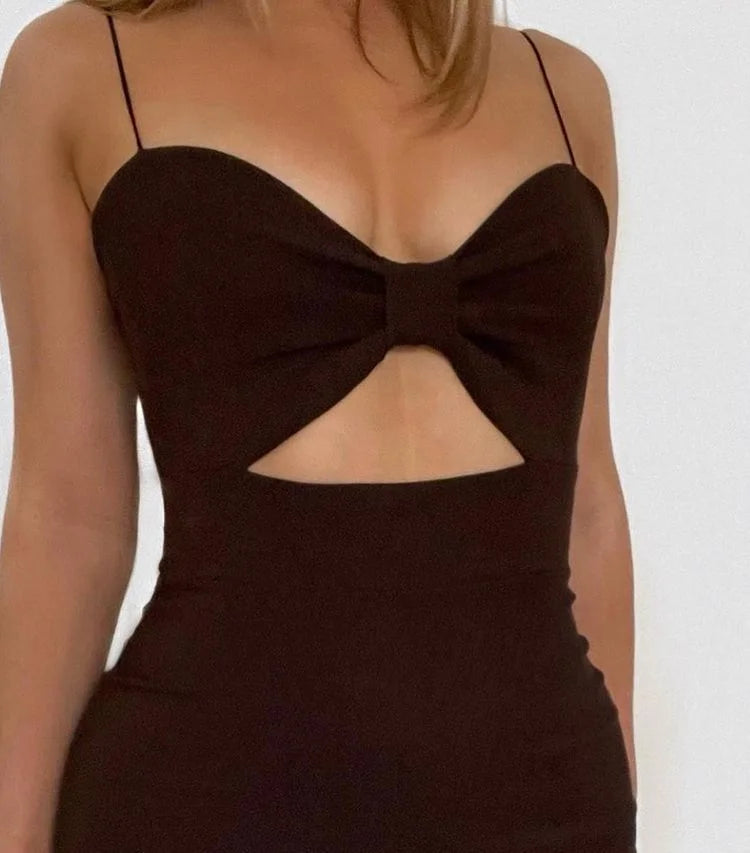 Bow Sleeveless Bandage Midi Dress Women's Black Sexy Patchwork Cut Out Bodycon 2022 Summer Elegant Club Evening Party Dresses