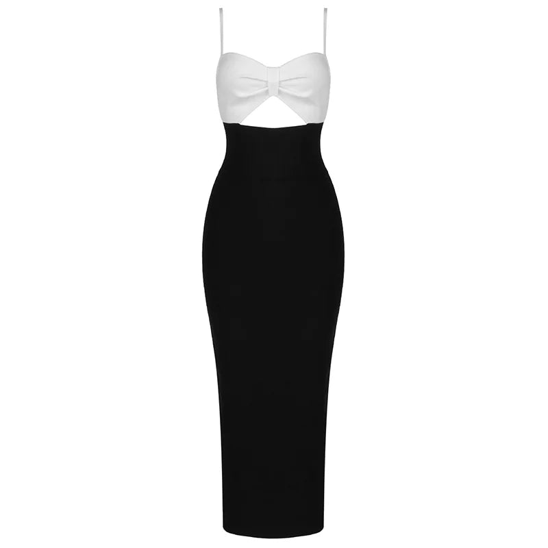 Bow Sleeveless Bandage Midi Dress Women's Black Sexy Patchwork Cut Out Bodycon 2022 Summer Elegant Club Evening Party Dresses