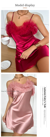 SEXY Nightgown Mujer Lingerie Female Chemise Sleepwear Summer Satin Spaghetti Strap Nightdress Nightwear Loose Homewear Nighty