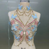 Women's Butterfly Embroidered Top Crystal Chain Sleeveless Cropped Top Camisole Backless Adjustable Sexy Beach Holiday Y2K Top