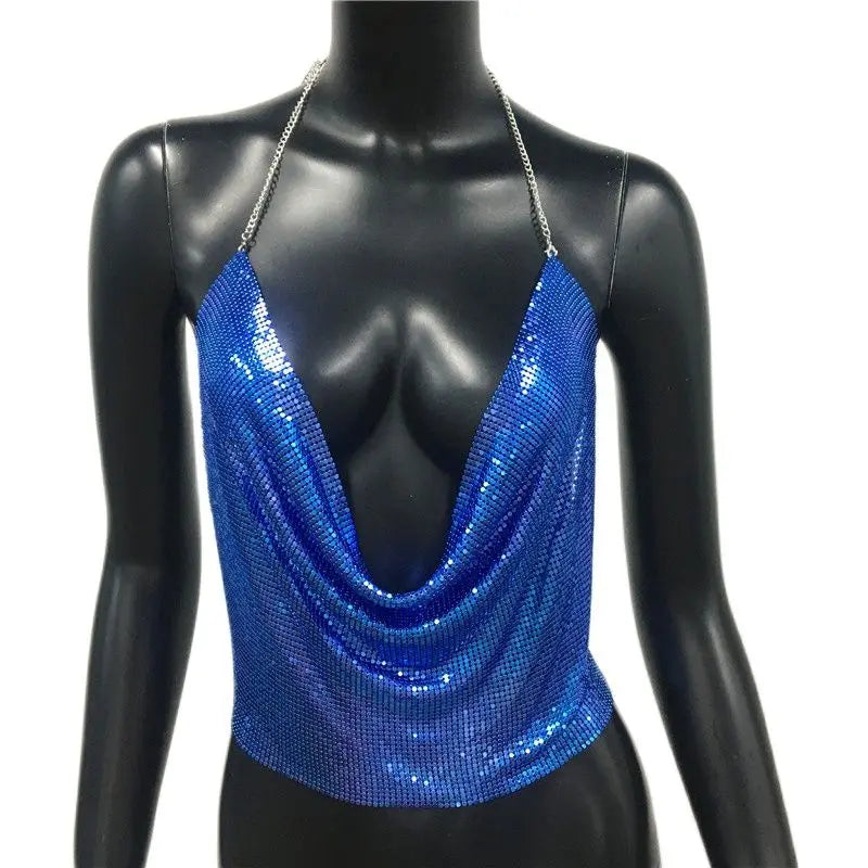 Sexy Metal Sequins Tank Top For Women 2025 Summer V Neck Backless Crop Tops Luxury Solid Short Party Nightclub Tank Tops