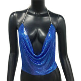 Sexy Metal Sequins Tank Top For Women 2025 Summer V Neck Backless Crop Tops Luxury Solid Short Party Nightclub Tank Tops