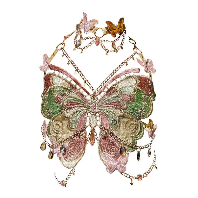 Women's Butterfly Embroidered Top Crystal Chain Sleeveless Cropped Top Camisole Backless Adjustable Sexy Beach Holiday Y2K Top