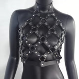 AKYZO Women Body Harness PU Leather 2 Piece Set Black Camis Punk Adjustable Garter Belt Hollow Out Weaved Belt Backless Skirts
