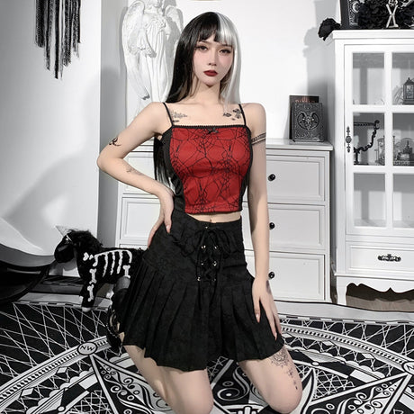 Combhasaki Summer Women's Sexy Gothic Halloween Backless Camisole Spider Web Lace Edge Back Zipper Sleeveless Slim Fit Tops