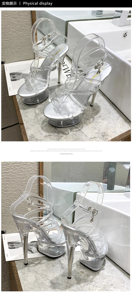 New Sexy Versatile Fashion Women's Shoes 15cm Thin Heel Transparent Catwalk High Heels Crystal Sandals Model Performance Shoes