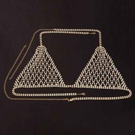 Stonefans Boho Rhinestone Grid Chest Chain and Thong Jewellery Lingerie Panties Women's Harness Bra Sexy Mesh Bodies Accessories