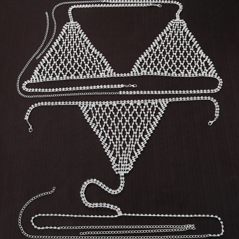 Stonefans Boho Rhinestone Grid Chest Chain and Thong Jewellery Lingerie Panties Women's Harness Bra Sexy Mesh Bodies Accessories