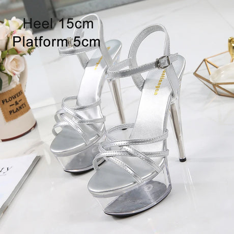New Sexy Versatile Fashion Women's Shoes 15cm Thin Heel Transparent Catwalk High Heels Crystal Sandals Model Performance Shoes