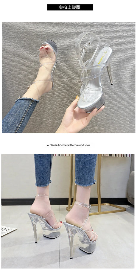 New Sexy Versatile Fashion Women's Shoes 15cm Thin Heel Transparent Catwalk High Heels Crystal Sandals Model Performance Shoes