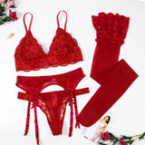 Varsbaby 4pcs/set Women's Underwear Set Lace Sexy Lingerie Set Wireless Deep V Bra Sexy Bra G-string Garter And Stockings Set