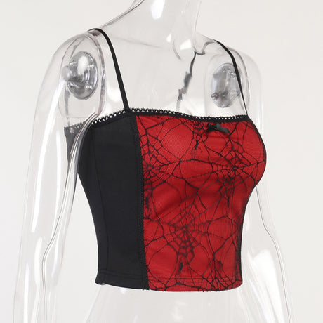 Combhasaki Summer Women's Sexy Gothic Halloween Backless Camisole Spider Web Lace Edge Back Zipper Sleeveless Slim Fit Tops