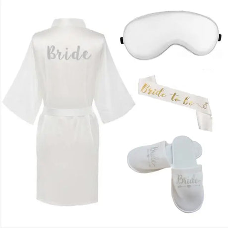 4pc set of bride robe eyemask slippers sash bridesmaid kimono wedding bridal party Bachelorette bathrobe getting ready robes