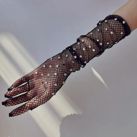 Sexy Elastic Mesh Gloves With Colored Flash Diamonds Bungee Stage Performance Hollow Fishing Net Punk Hiphop Women's Gloves R51