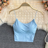 Sexy solid color crop tops sports spaghetti strap tanke top women built in bra off shoulder sleeveless omighty camisole hot