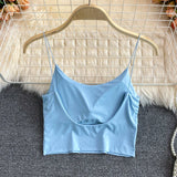 Sexy solid color crop tops sports spaghetti strap tanke top women built in bra off shoulder sleeveless omighty camisole hot