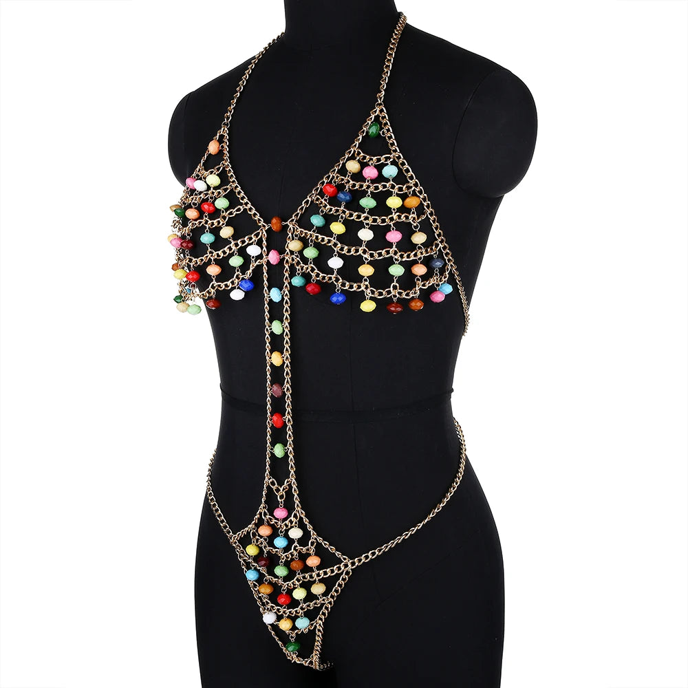 Sexy Women Siamese Bikini Body Chain New Fashion Nightclub Backless Multicolor Beads Hollowout Halter Bra Chain Jewelry