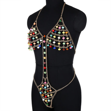 Sexy Women Siamese Bikini Body Chain New Fashion Nightclub Backless Multicolor Beads Hollowout Halter Bra Chain Jewelry