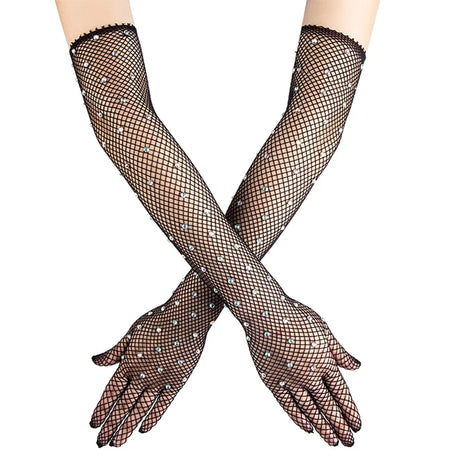 Sexy Elastic Mesh Gloves With Colored Flash Diamonds Bungee Stage Performance Hollow Fishing Net Punk Hiphop Women's Gloves R51