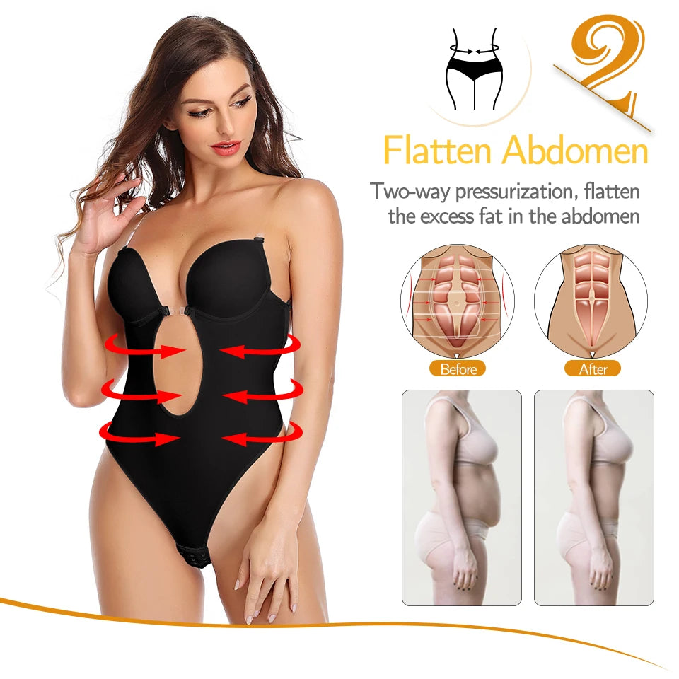 Backless Bodysuit Shapewear for Women Built-in Bra Multiple straps Thongs Body Shaper U Plunge Seam-free Faja with Open Crotch