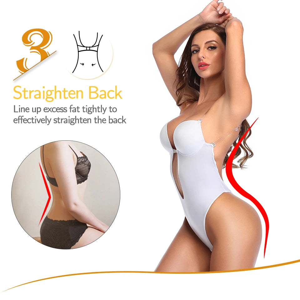 Backless Bodysuit Shapewear for Women Built-in Bra Multiple straps Thongs Body Shaper U Plunge Seam-free Faja with Open Crotch