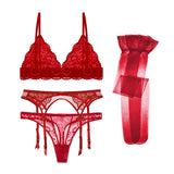 Varsbaby 4pcs/set Women's Underwear Set Lace Sexy Lingerie Set Wireless Deep V Bra Sexy Bra G-string Garter And Stockings Set
