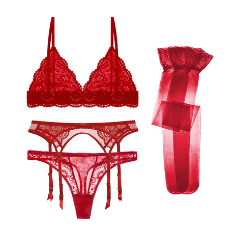 Varsbaby 4pcs/set Women's Underwear Set Lace Sexy Lingerie Set Wireless Deep V Bra Sexy Bra G-string Garter And Stockings Set