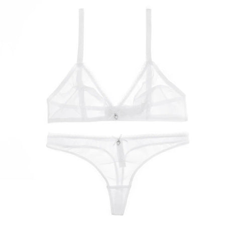 Sexy ladies see through elastic mesh bra set women wire free white underwear bra+thong lingerie set