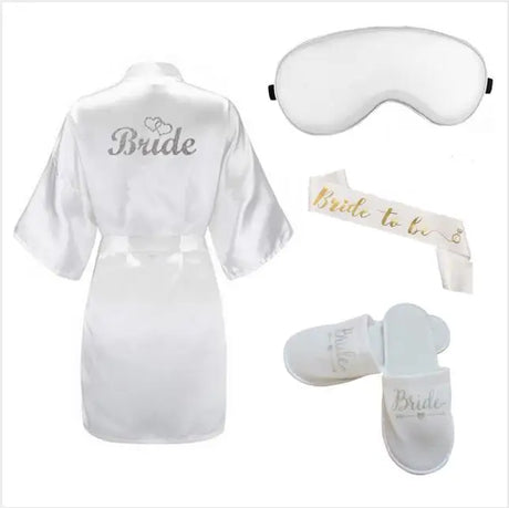 4pc set of bride robe eyemask slippers sash bridesmaid kimono wedding bridal party Bachelorette bathrobe getting ready robes
