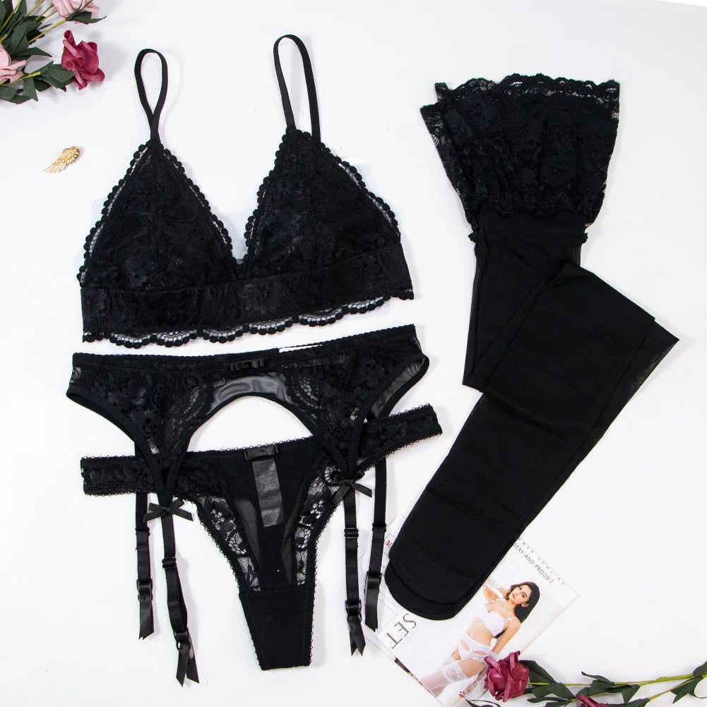 Varsbaby 4pcs/set Women's Underwear Set Lace Sexy Lingerie Set Wireless Deep V Bra Sexy Bra G-string Garter And Stockings Set