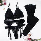 Varsbaby 4pcs/set Women's Underwear Set Lace Sexy Lingerie Set Wireless Deep V Bra Sexy Bra G-string Garter And Stockings Set